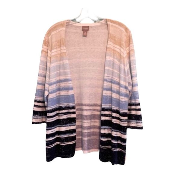 Chico's Ombre Striped Cardigan Sweater Blue Tan Knit Open Front Long Sleeve L - Picture 1 of 6